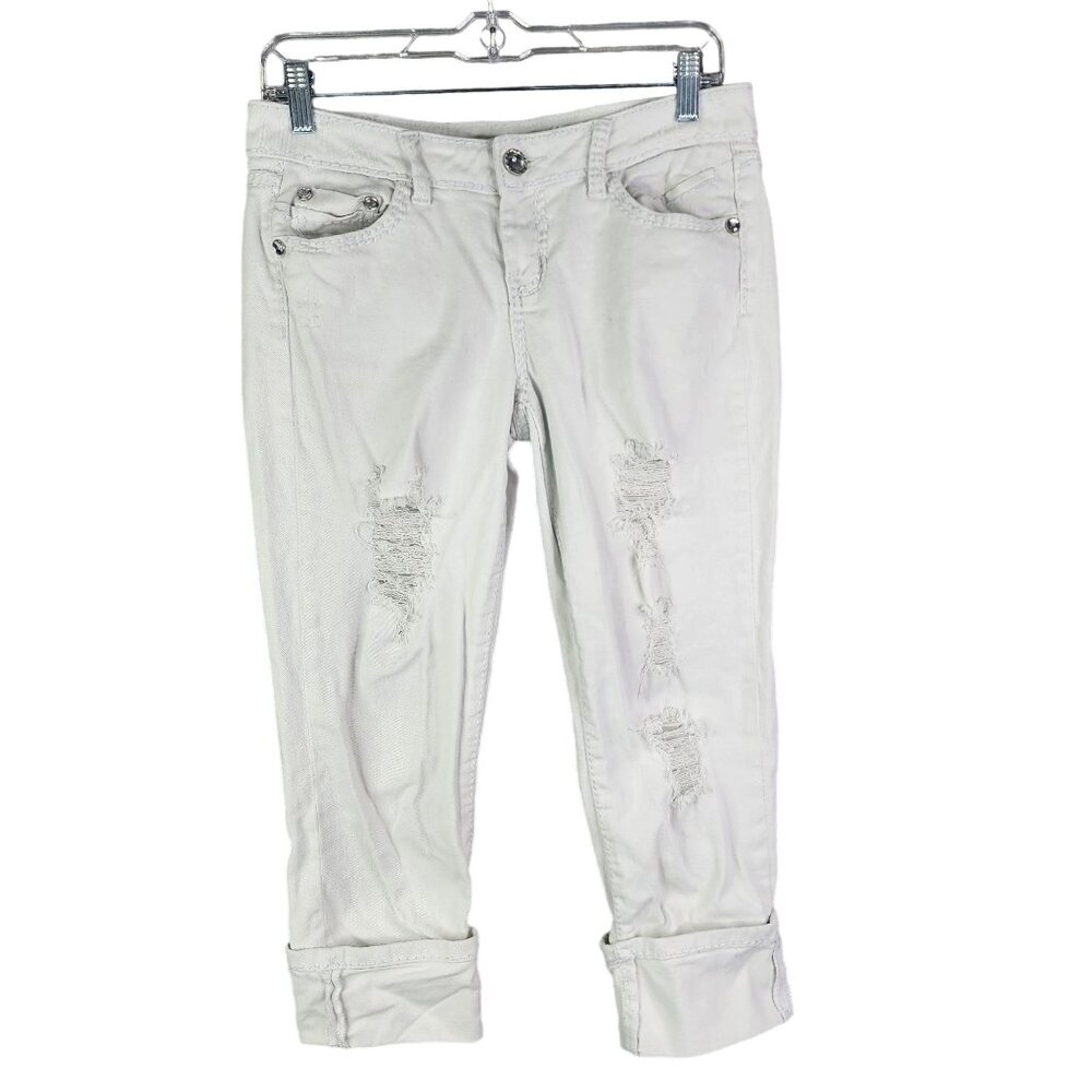 Women's White Cato Distressed Rolled Cuff Jeans Rhinestone Button Mid Rise 4